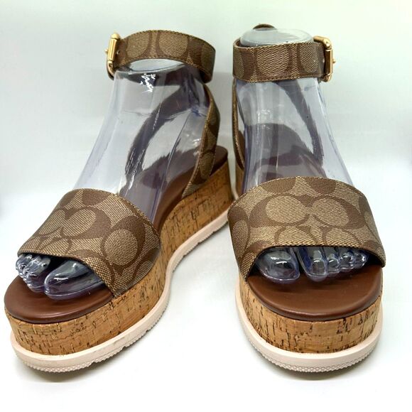 Coach Tallulah Brown Signature Print Platform Ankle Strap Sandals Size 6B - Picture 3 of 14